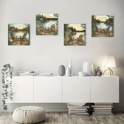 4pcs  Serene Fishing Scene With Recliners Wall Art Canvas Framed