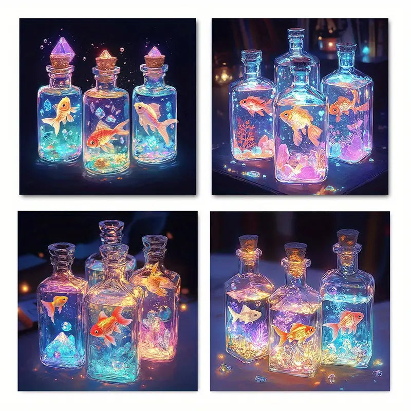 4pcs Glass Bottle Goldfish Decor, Wall Art Canvas Framed