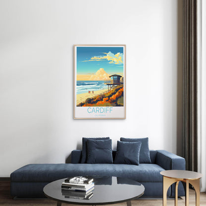 Cardiff California, Beach and Blue Sky Travel Poster Print Wall Art