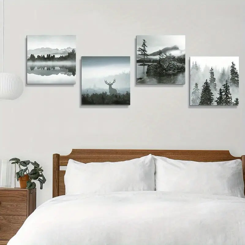 4pcs Forest And Mist Picture Painting Wall Art Canvas Framed