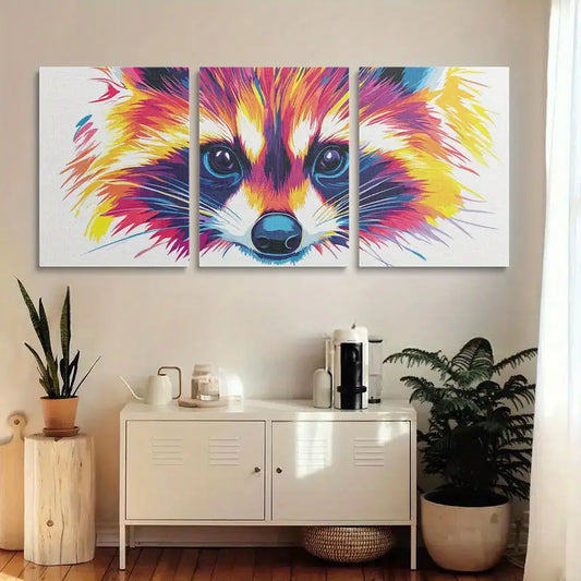 3pcs Cute Raccoon face Canvas Painting Metal Print Ready to Hang Art