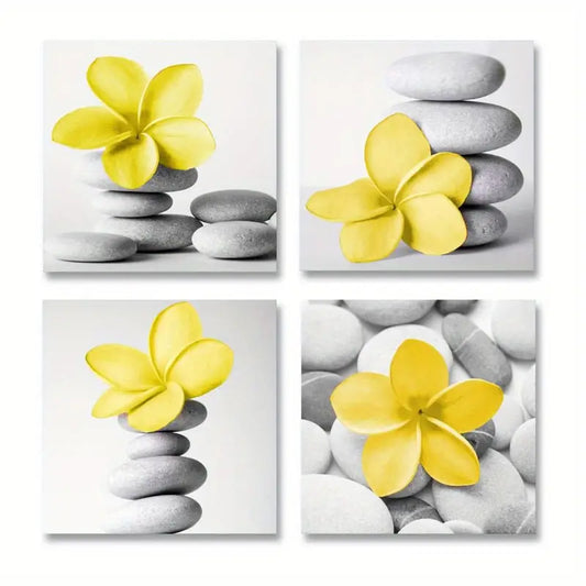 4pcs Yellow Gray  Flowers And Pebble Stone Wall Art Canvas Framed