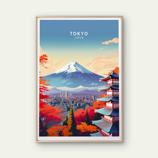 Tokyo Japan, Beautiful Mountains & Trees Travel Poster Print Wall Art