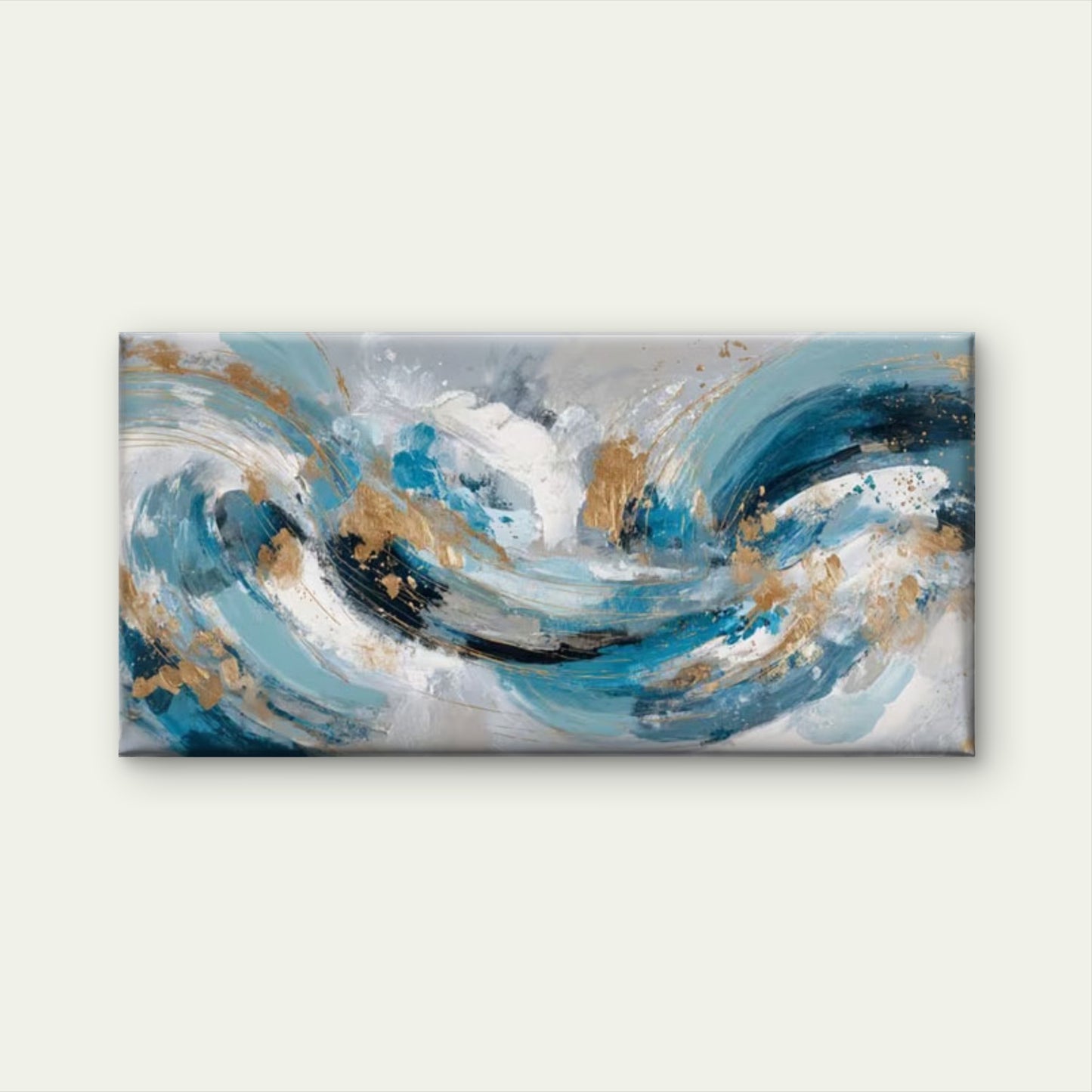 Blue Golden Turquoise Waves Wall Art Canvas Office Home Room Framed 120x60cm