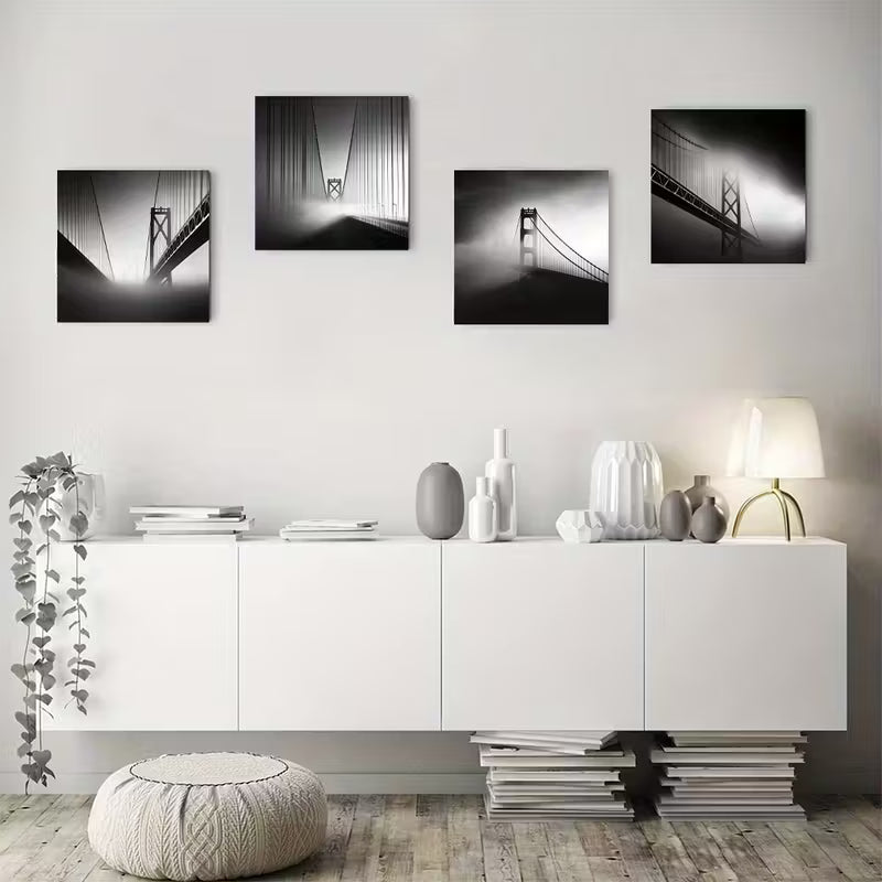 4pcs Monochrome Of Bridg Wall Art Canvas Framed