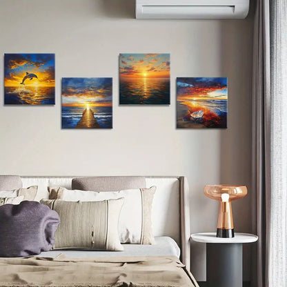 4pcs Dolphin Canvas Print Wall Painting, Pier Wall Art Canvas Framed