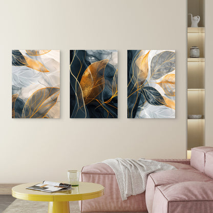 3pcs Navy Grey Gold Leaf Abstract Botanical Metal Print Ready to Hang Art