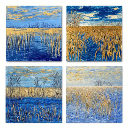 4pcs Blue Sky,White Cloud, Forest & Yellow Grass Landscapes Wall Art Canvas Framed