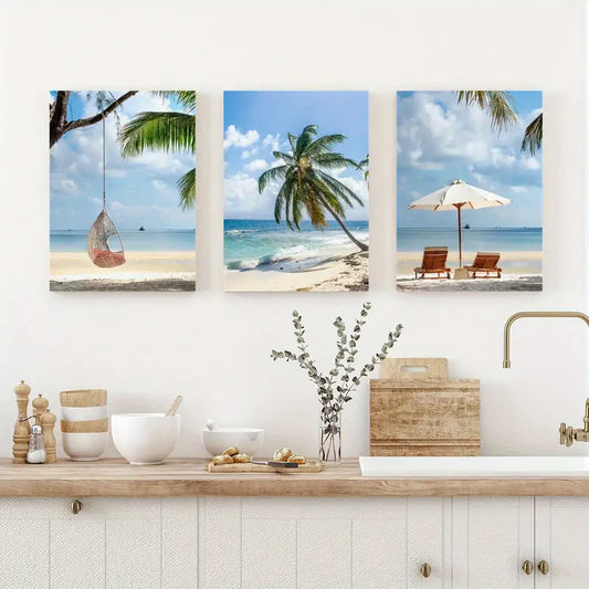 3pcs Coconut Palm Tree, Loungers & Umbrella Scene Metal Print Ready to Hang Art