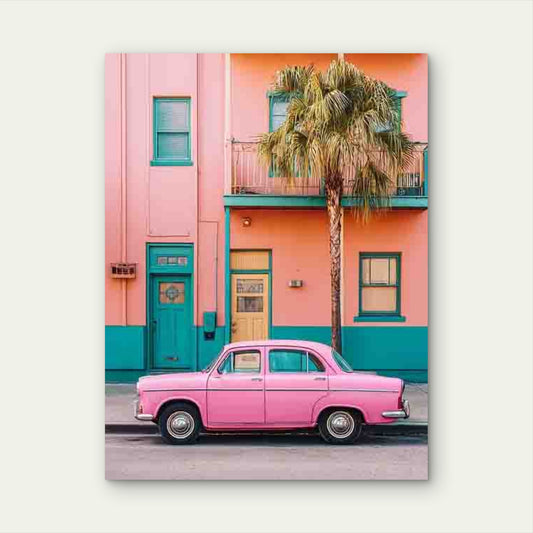 Pink Vintage Car Photography 60x90cm Metal Print Ready to Hang