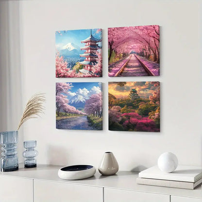 4pcs Cherry Blossom & Mt. Fuji  Wall Art Canvas Framed
