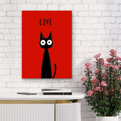 Black Cat Red Love Text Metal Print Ready to Hang