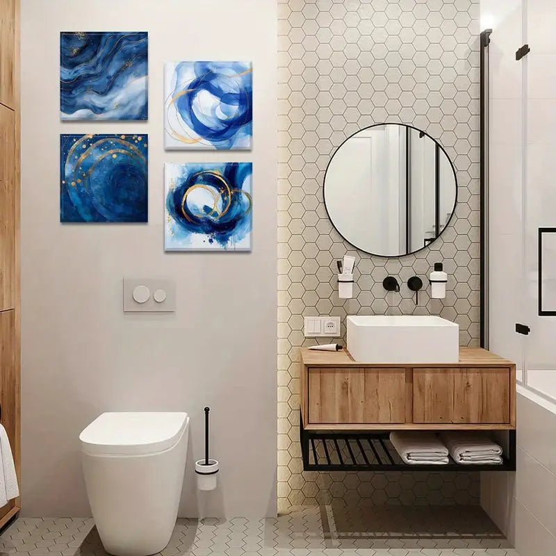 4pcs Blue and Golden Swirls    Wall Art Canvas Framed