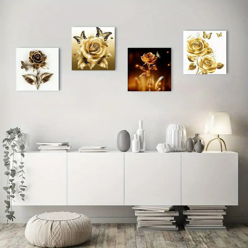 4pcs  Elegant Golden Rose & Butterfly Wall Art Canvas Framed