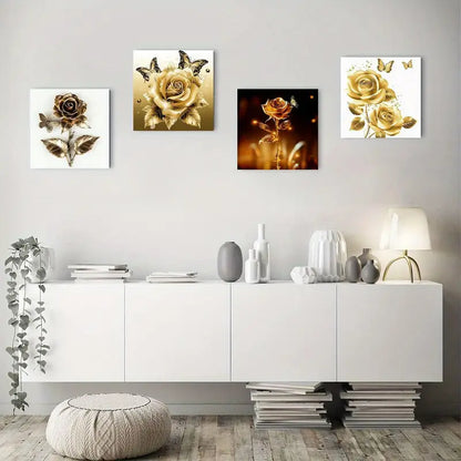 4pcs  Elegant Golden Rose & Butterfly Wall Art Canvas Framed