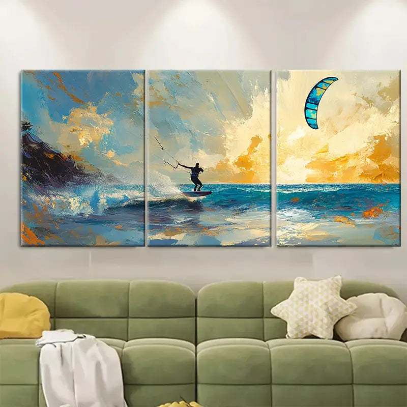3pcs Kitesurfing Ocean Adventure Poster Wall Art Set Canvas Framed 60x90cm - High Quality Print 100% Australian Made Wall Canvas Ready to Hang