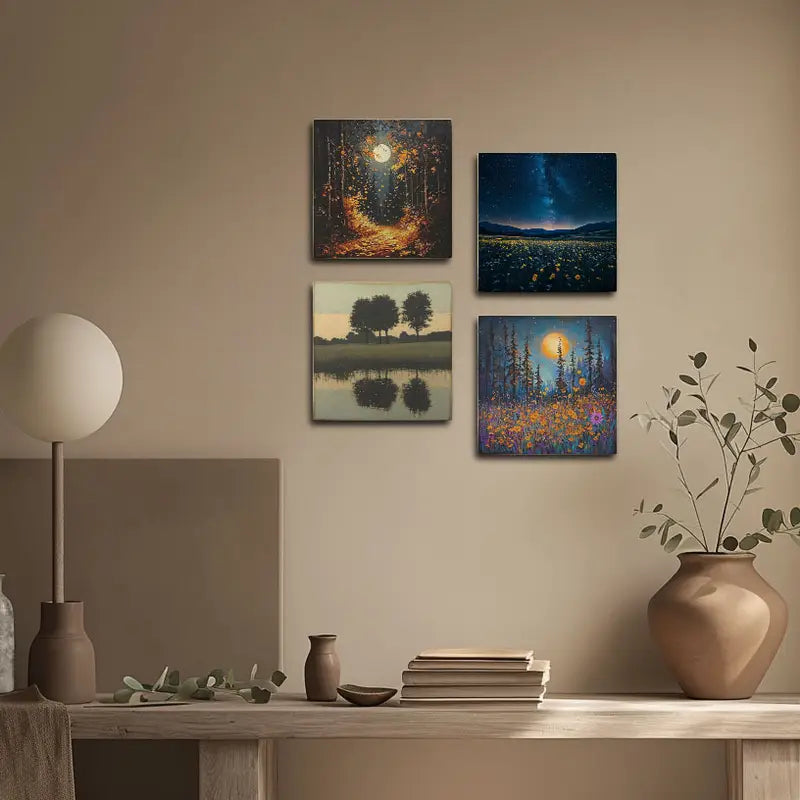 4pcs Moon Light In Forest Pine Trees Wall Art Canvas Framed