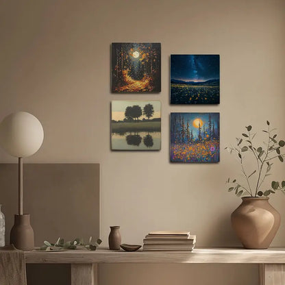 4pcs Moon Light In Forest Pine Trees Wall Art Canvas Framed