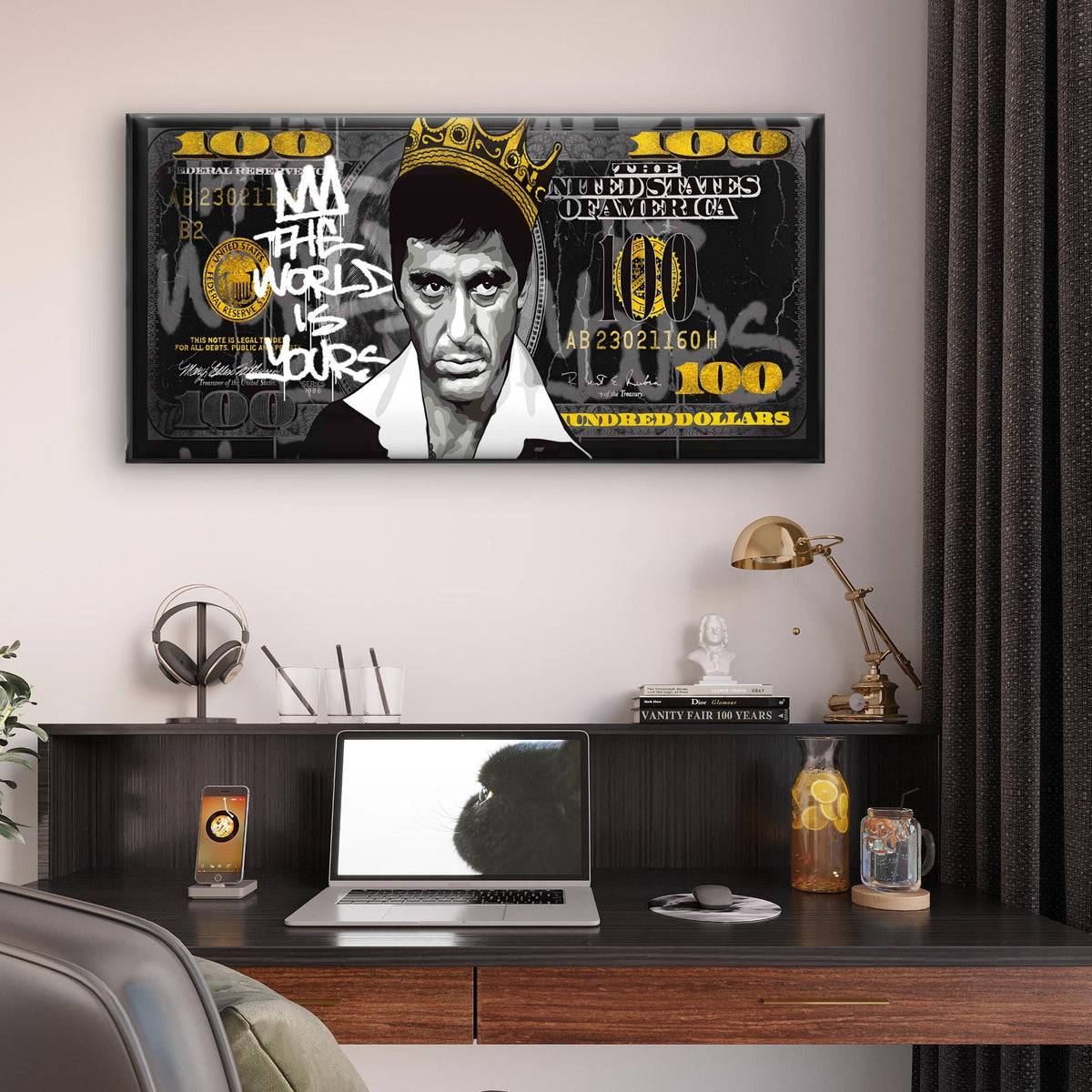 Crowned Mobster Cash Money Print Wall Art Canvas Office Home Framed 120x60cm