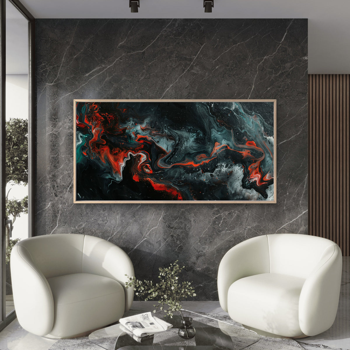 Abstract Liquid Red Black Wall Art Canvas Office Home Room Framed 120x60cm