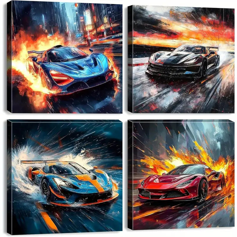 4pcs Vibrant Blue/Orange/Red/Black/, Modern Garage Wall Art Canvas Framed