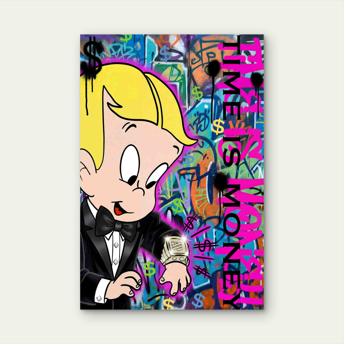 Rich Cartoon Boy Tuxedo Diamond Watch 40x60cm Metal Print Ready to Hang