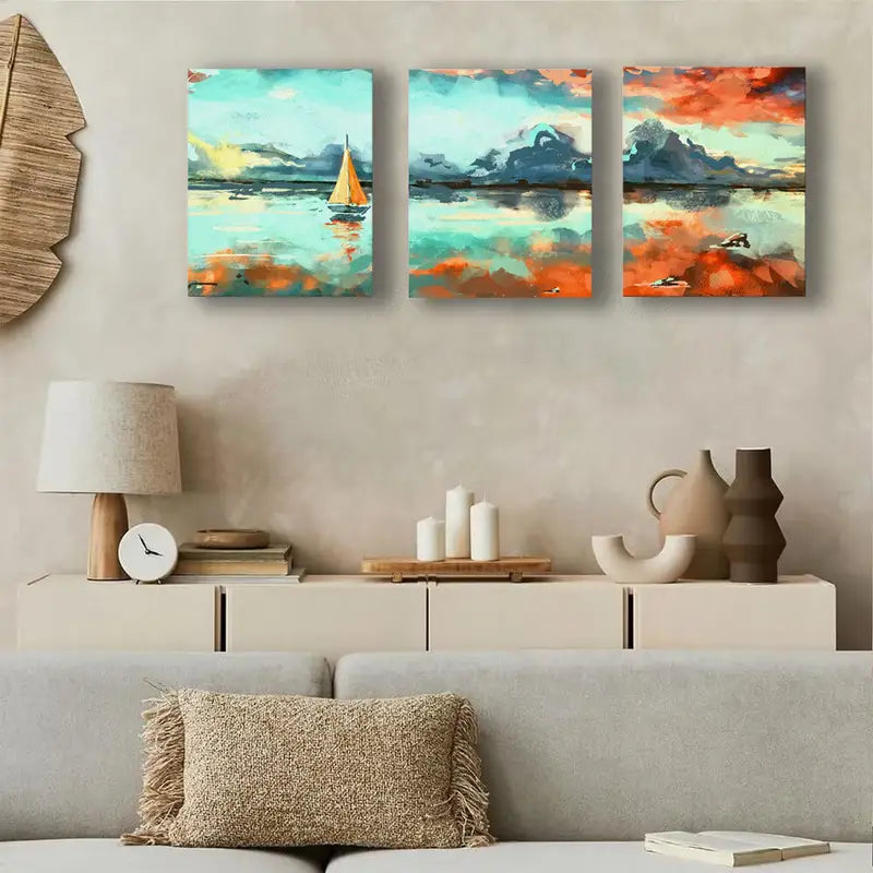 3pcs Ocean Sunset Boats Watercolor Design Metal Print Ready to Hang Art