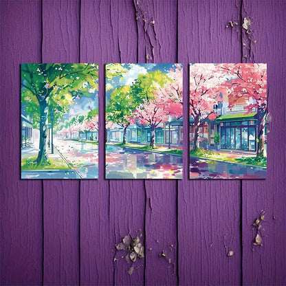 3pcs Anime Cherry Blossom & Tokyo Street View Metal Print Ready to Hang Art