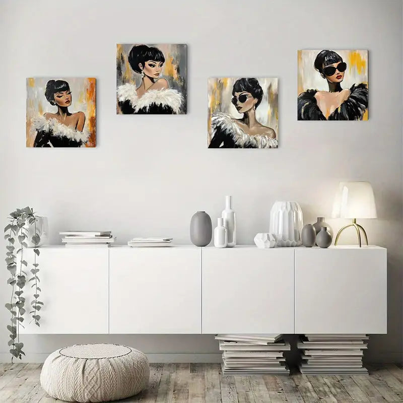 4pcs Fashion Glasses & Feather Details  Wall Art Canvas Framed