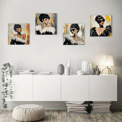 4pcs Fashion Glasses & Feather Details  Wall Art Canvas Framed