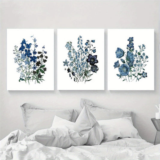 3pcs Contemporary Blue Botanical Vibrant Floral Design Metal Print Ready to Hang Art