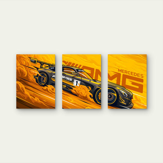 3pcs Vibrant Amber Asphalt Motorsport Graphic Metal Print Ready to Hang Art