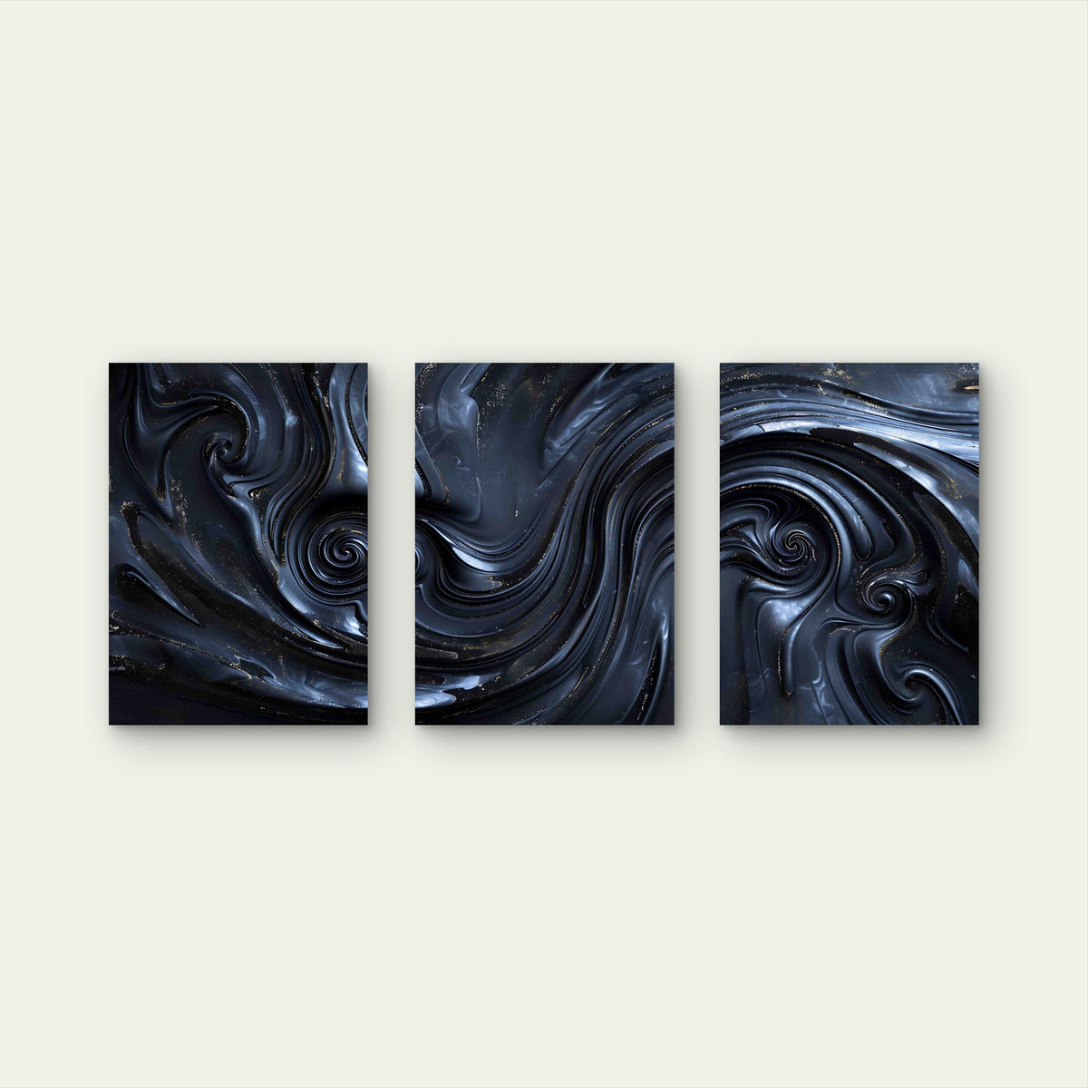 3pcs Abstract Swirling With Black Liquid Metal Print Ready to Hang Art