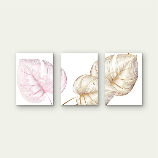 3pcs Pink Gold Monstera Tropical Leaf Wall Art Set Canvas Framed 50x70cm - High Quality Print 100% Australian Made Wall Canvas Ready to Hang