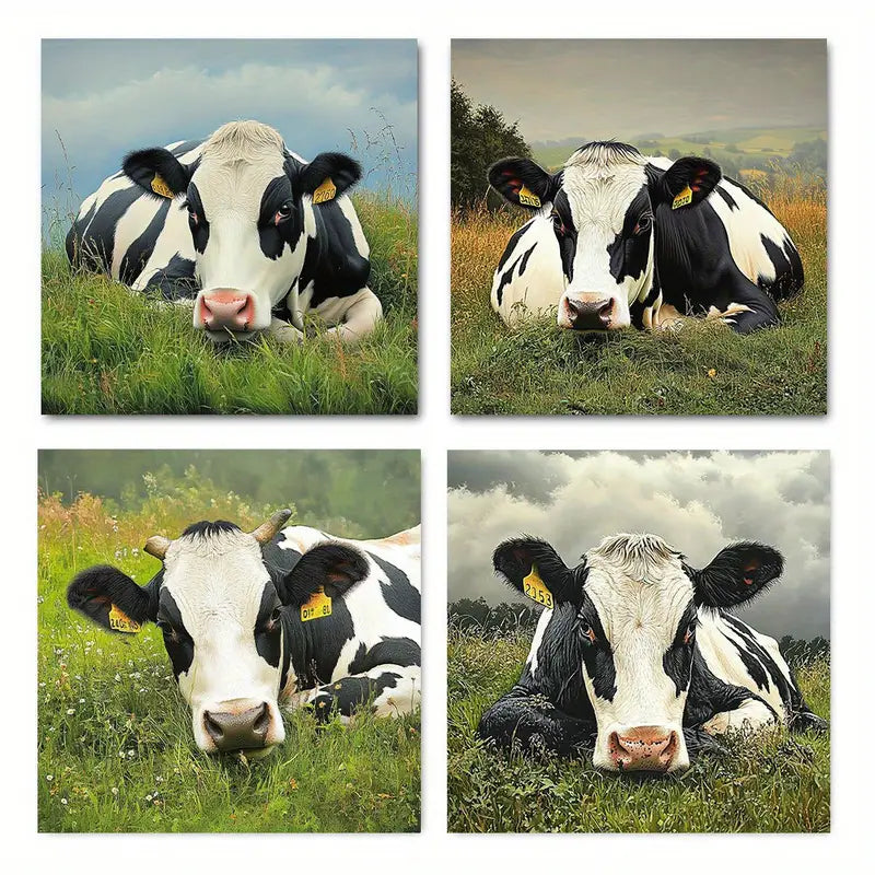 4pcs Chic Scenic Cows On Grass Wall Art Canvas Framed