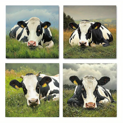 4pcs Chic Scenic Cows On Grass Wall Art Canvas Framed