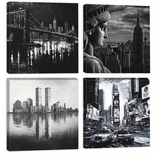 4pcs Skyline Poster, Statue Of Liberty Paintings Wall Art Canvas Framed