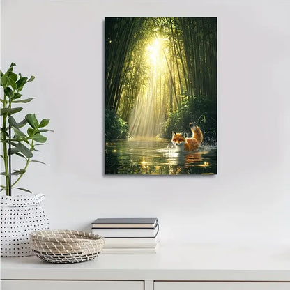 Enchanting Fox Splashing in Bamboo Grove 40x60cm Metal Print Ready to Hang