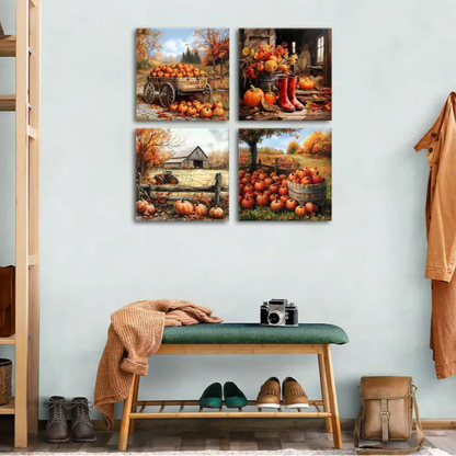 4pcs Pumpkin Field, Old Barn & Truck Wall Art Canvas Framed