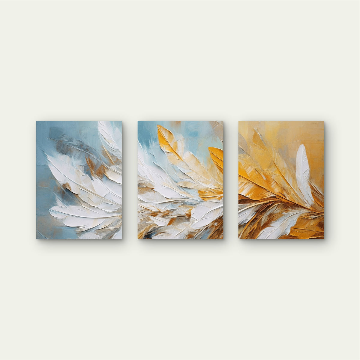 3pcs Modern Abstract Teal Yellow Feather Wall Art Set Canvas Framed 40x60cm - High Quality Print 100% Australian Made Wall Canvas Ready to Hang