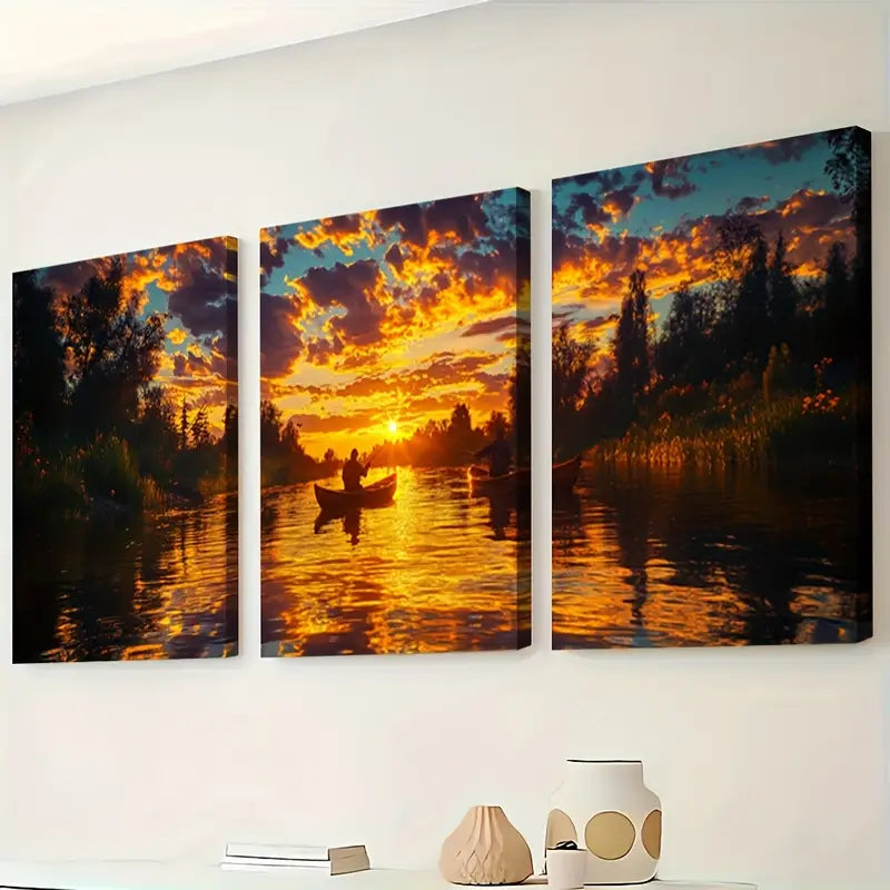 3pcs River at Dusk Tranquil Fishing Scene Wall Art Set Canvas Framed 50x70cm - High Quality Print 100% Australian Made Wall Canvas Ready to Hang