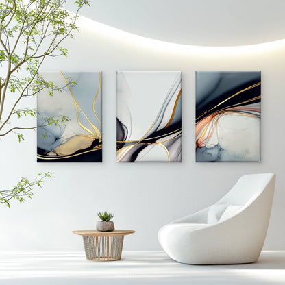 3pcs Navy Blue Gray Gold Ink Abstract Wall Art Set Canvas Framed 50x70cm - High Quality Print 100% Australian Made Wall Canvas Ready to Hang
