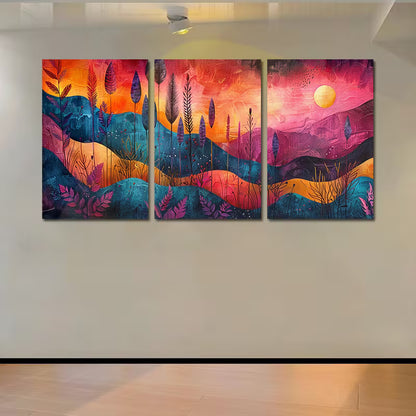3pcs Abstract Landscape with Trees and Sun Wall Art Set Canvas Framed 40x60cm - High Quality Print 100% Australian Made Wall Canvas Ready to Hang