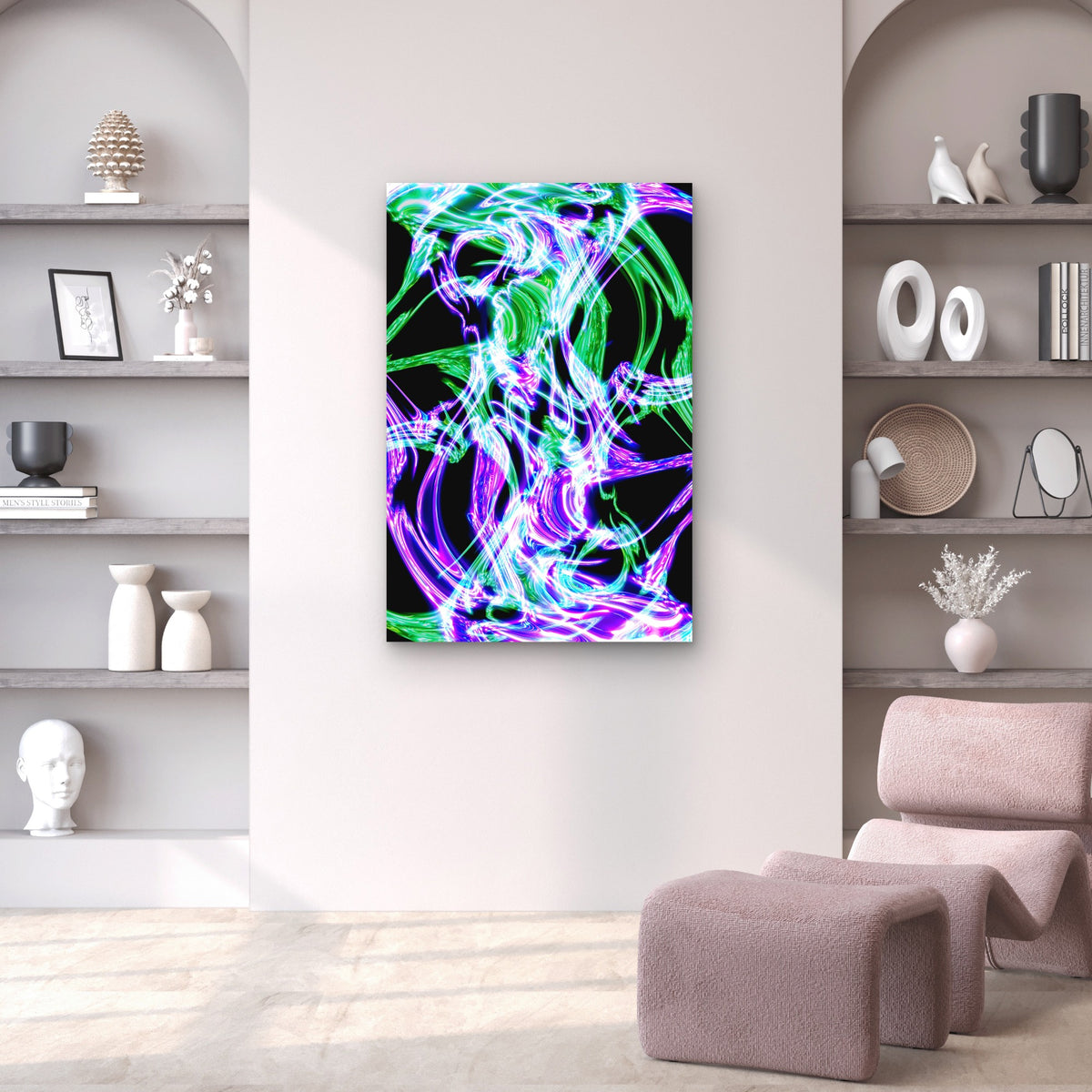 Abstract Blue and Green Light Swirls on Black 60x90cm Metal Print Ready to Hang