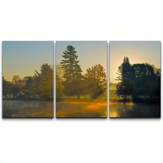 3pcs Sunlight Streaming Over A Lake Surrounded Metal Print Ready to Hang Art