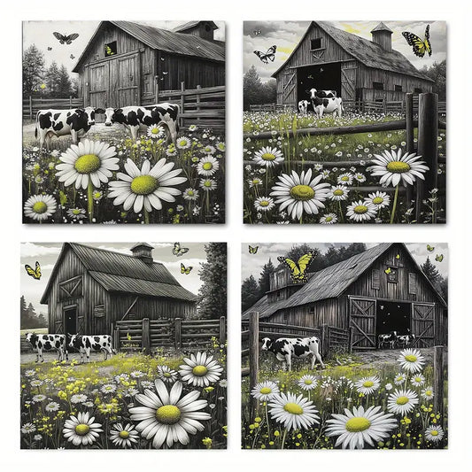 4pcs Painting Farmhous Wall Art Canvas Framed