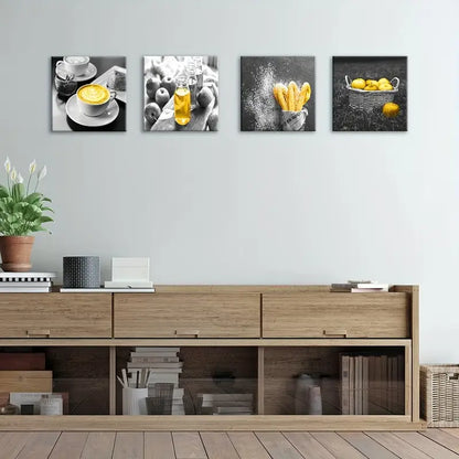 4pcs Food & Beverage Themed Black And White Wall Art Canvas Framed