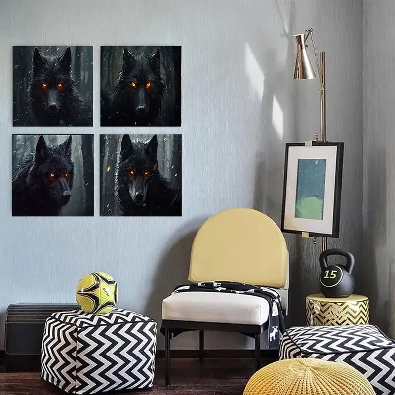 4pcs Dramatic Wolf Portraits with Glowing Orang Wall Art Canvas Framed