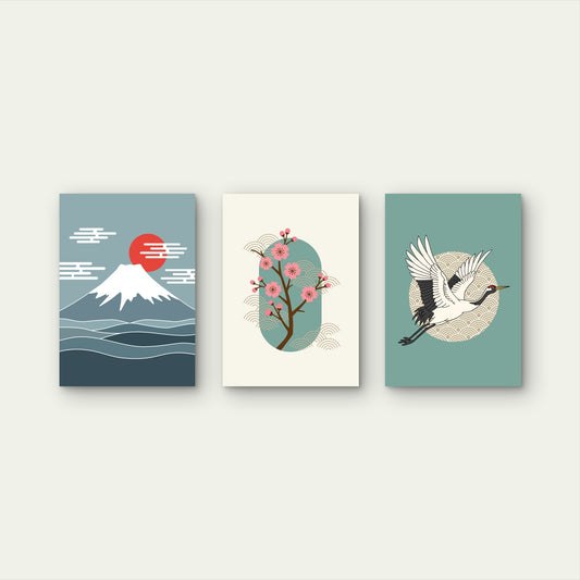3pcs Japanese Mount Fuji Crane Asian Retro Wall Art Set Canvas Framed 50x70cm - High Quality Print 100% Australian Made Wall Canvas Ready to Hang