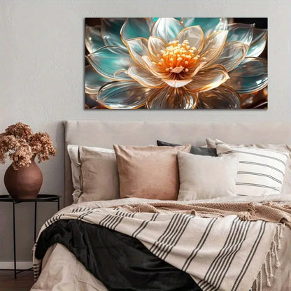 Stunning Gold & Blue Lotus Wall Art canvas office home room framed 120x60cm